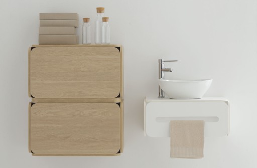 NAT H2O Wandmöbel aus Mattweißer HPL, Handtuchösen, Waschbecken- und Mixereinbau optional