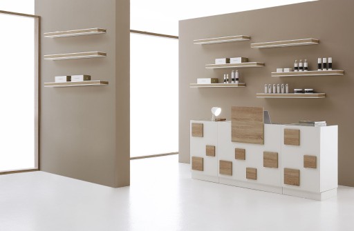 Cube BIS Empfangstresen glänzendes weißes Melamin modulare Glashowcases